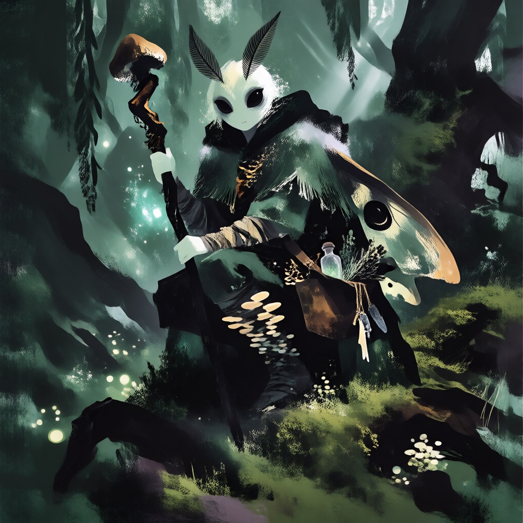 A female D&D fantasy character,  a moth-folk circle of spores druid crouching atop a decaying,  ancient woodland shrine. S...