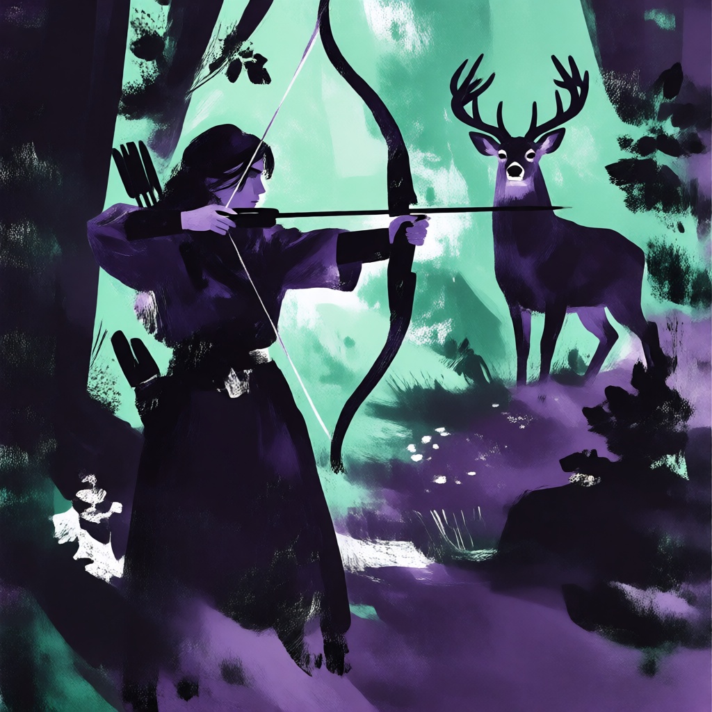 a woman drawing a bow,  aiming at a deer,  in the woods on Tensor.Art