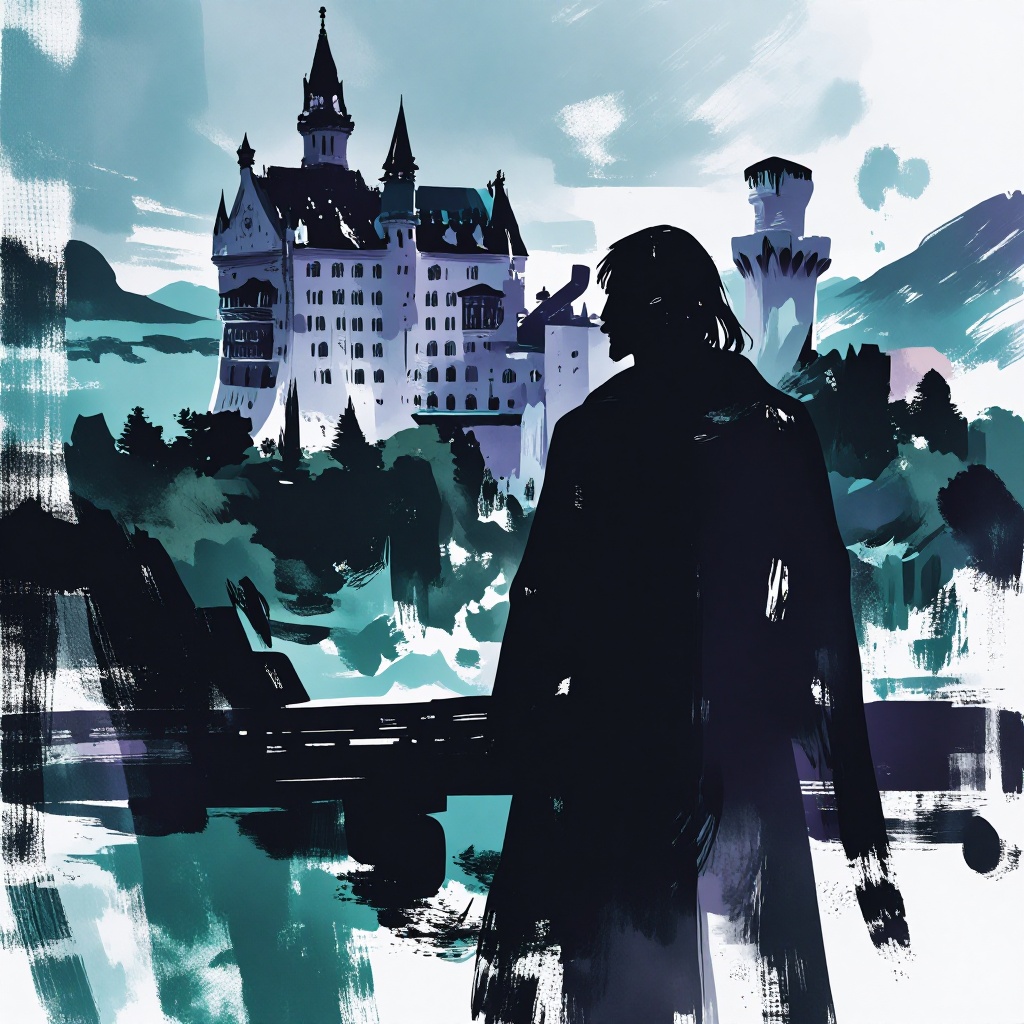 masterpiece,  best quality,  a mysterious figure in the foreground gazes out toward a distant castle on a mountain on Tens...