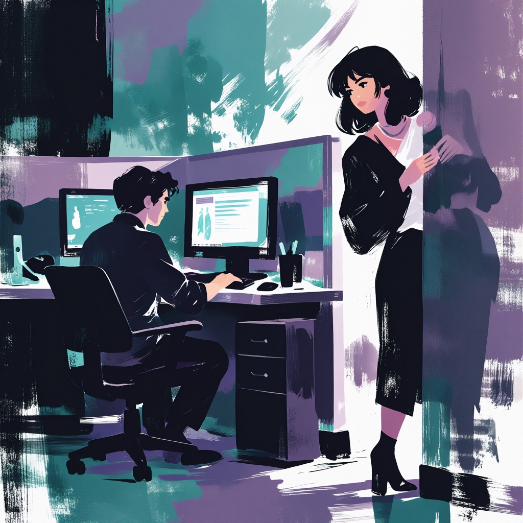 a woman peeking over the wall of a cubicle at a man sitting at a computer desk on Tensor.Art