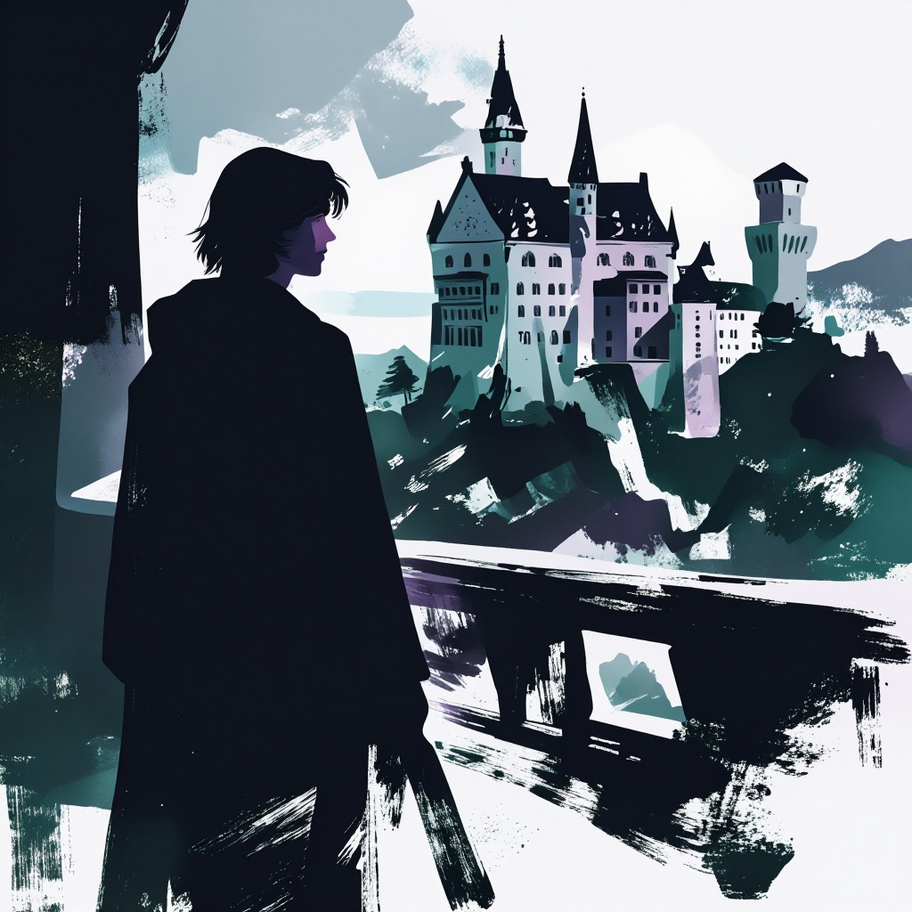 masterpiece,  best quality,  a mysterious figure in the foreground gazes out toward a distant castle on a mountain on Tens...