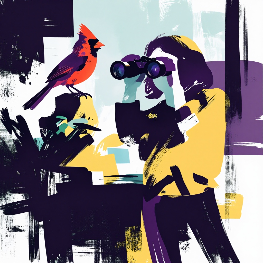 A woman looking through binoculars at a cardinal in a shrub on Tensor.Art
