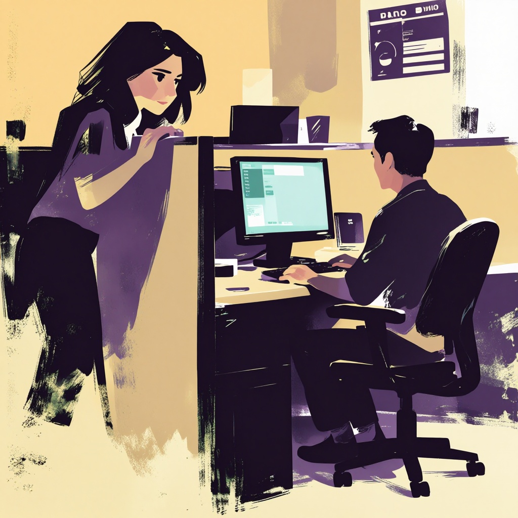 a woman peeking over the wall of a cubicle at a man sitting at a computer desk on Tensor.Art