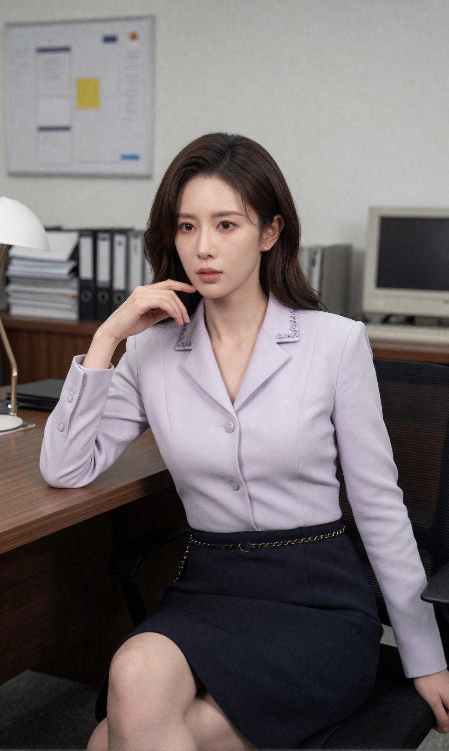 A young woman with a large breast is styled in a light lavender button up blouse with an embroidered collar left partially...