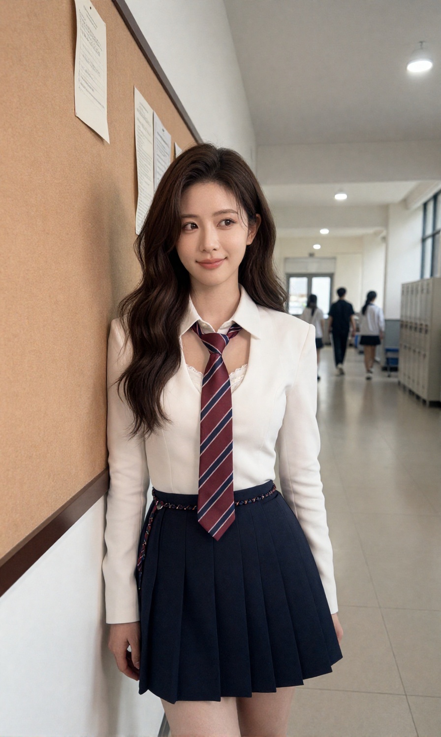 A young woman with a large breast is dressed in a school uniform ensemble featuring an unbuttoned white collared shirt rev...