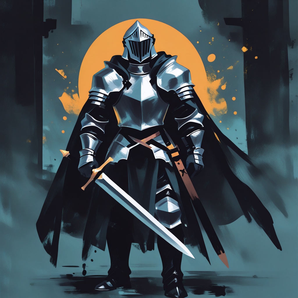 A knight holding a sword aloft,  stylized ink with brush strokes on Tensor.Art