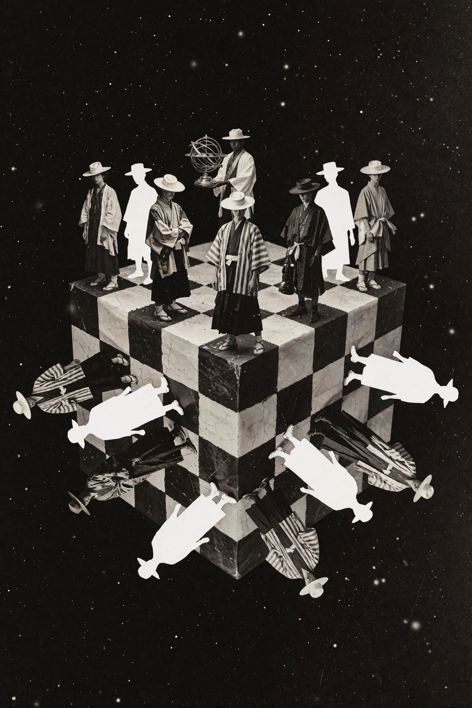 Cinematic surrealist collage editorial photograph in vintage monochrome: a large checkerboard cube floating in a star-spec...