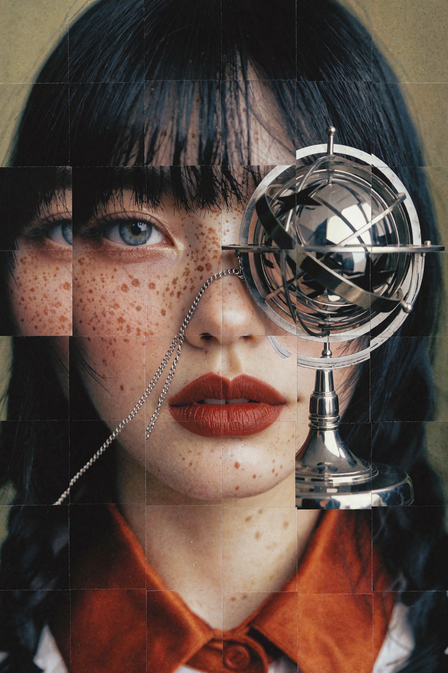 Cinematic glitch-patchwork collage editorial photograph: a fragmented portrait meticulously assembled from offset rectangu...