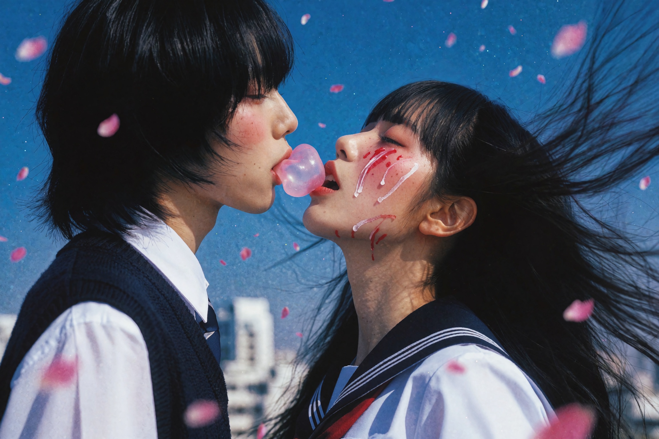 Cinematic youth romance editorial photograph of two young figures in extreme close-up profile facing each other against a...