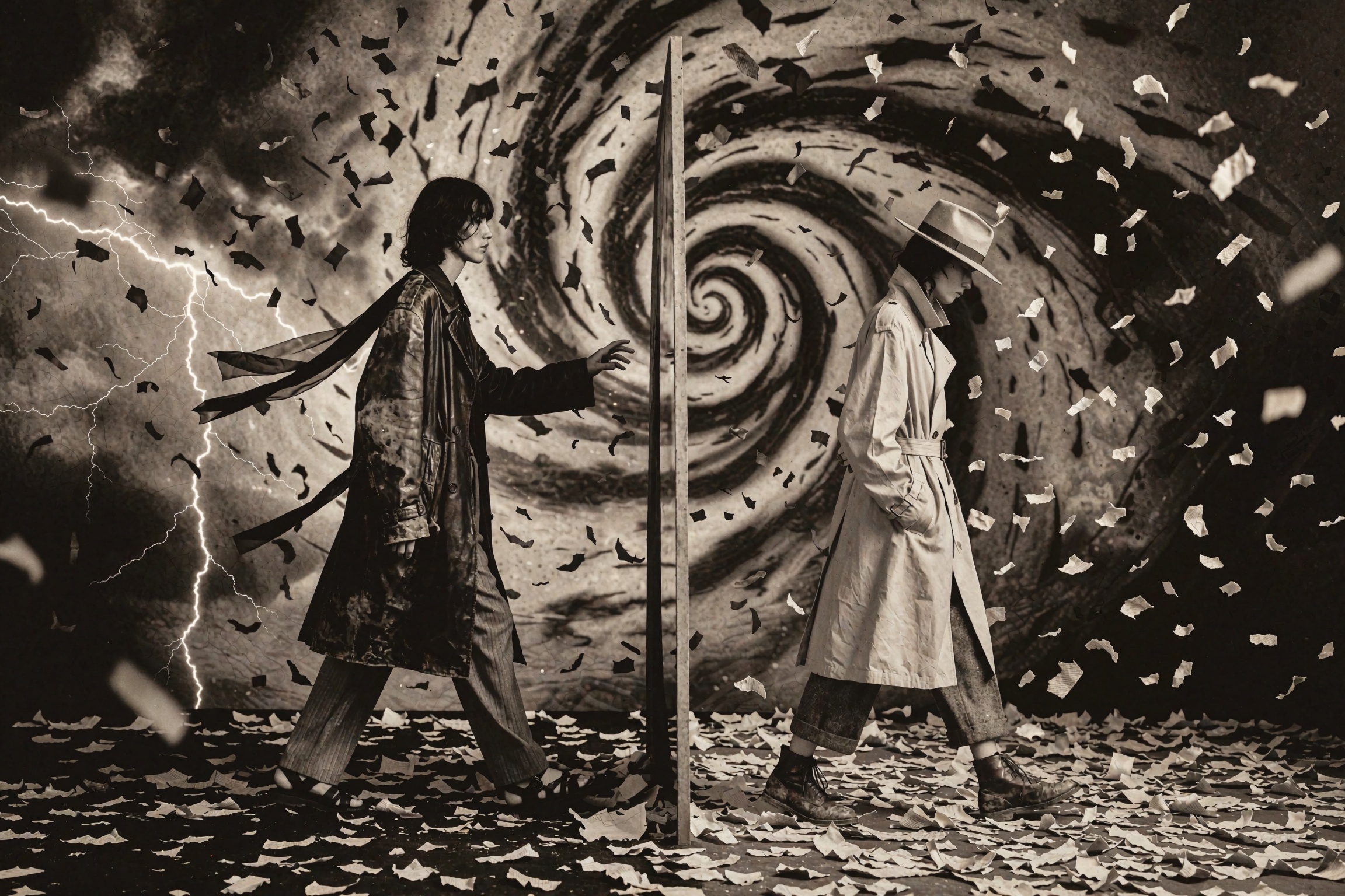 Cinematic surrealist editorial photograph in vintage sepia monochrome: two figures walking in opposite directions away fro...