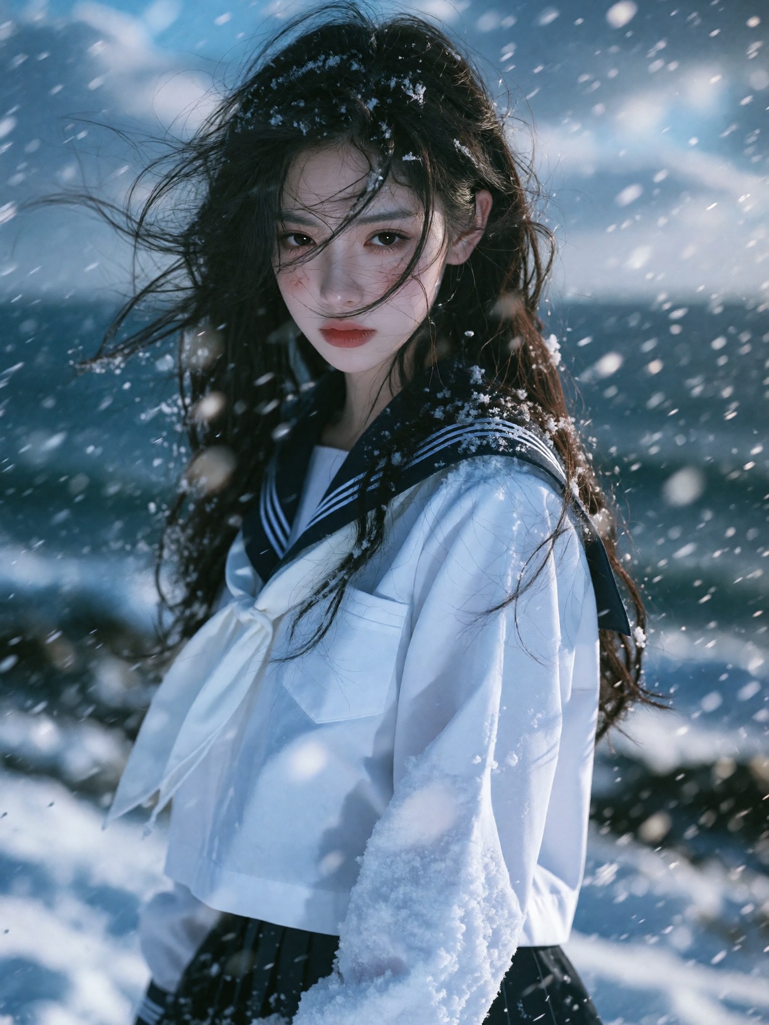 photograph of a young woman with long,  dark,  wind-swept hair and pale skin standing in a snowy on Tensor.Art