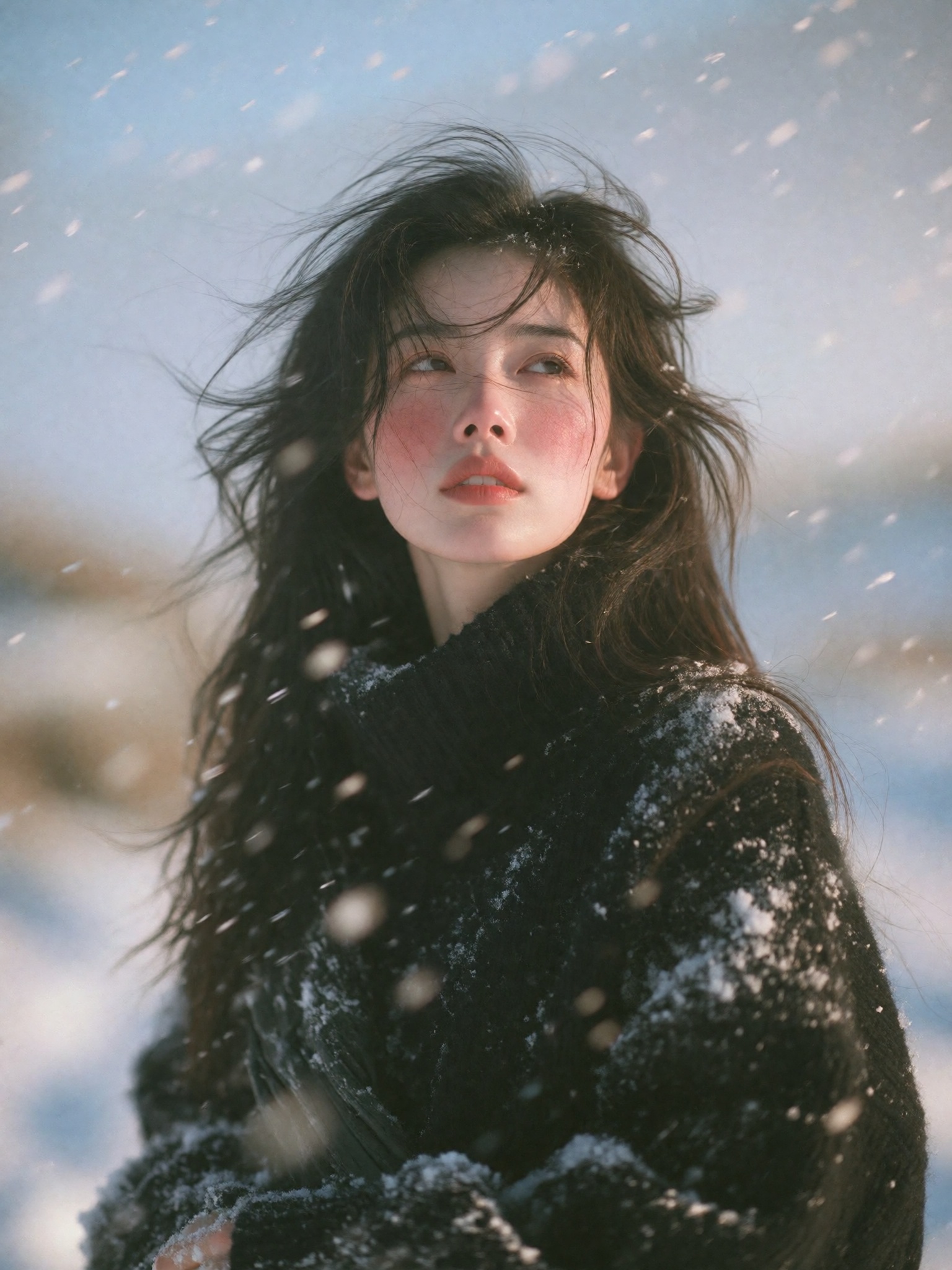 photograph of an asian woman with long,  dark,  windswept hair on Tensor.Art