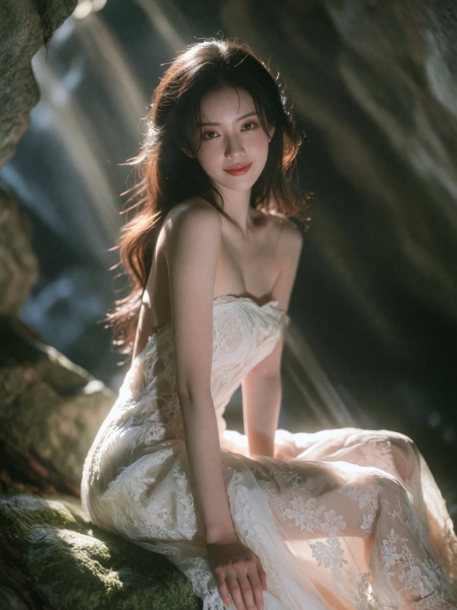 photograph of an asian woman with fair skin and long,  dark brown hair,  seated on a moss-covered rock in a dimly lit cave...