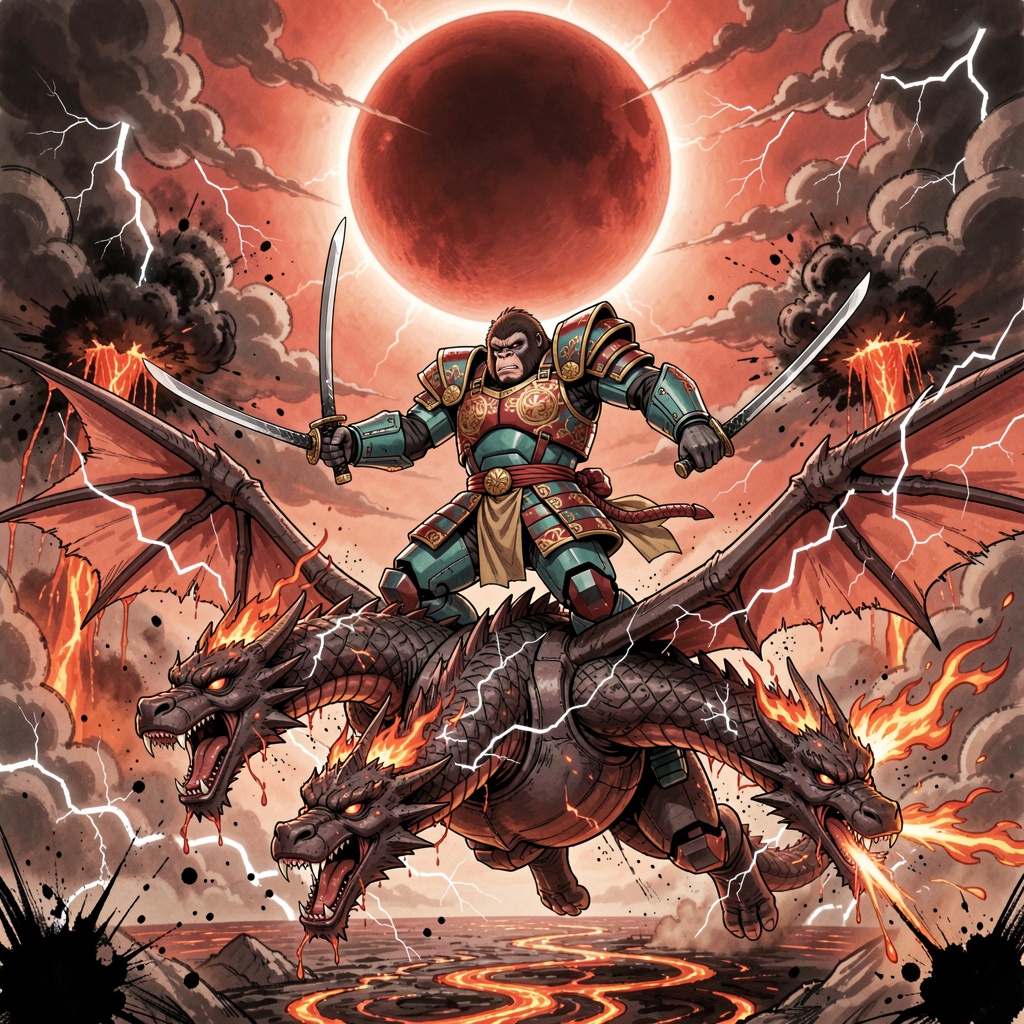 A gigantic armored King Kong in ornate samurai-mecha armor (teal,  crimson,  and gold) wielding dual katanas on Tensor.Art