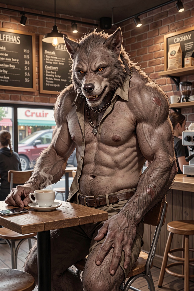photorealistic,  detailed digital illustration of a werewolf in a coffe shop on Tensor.Art
