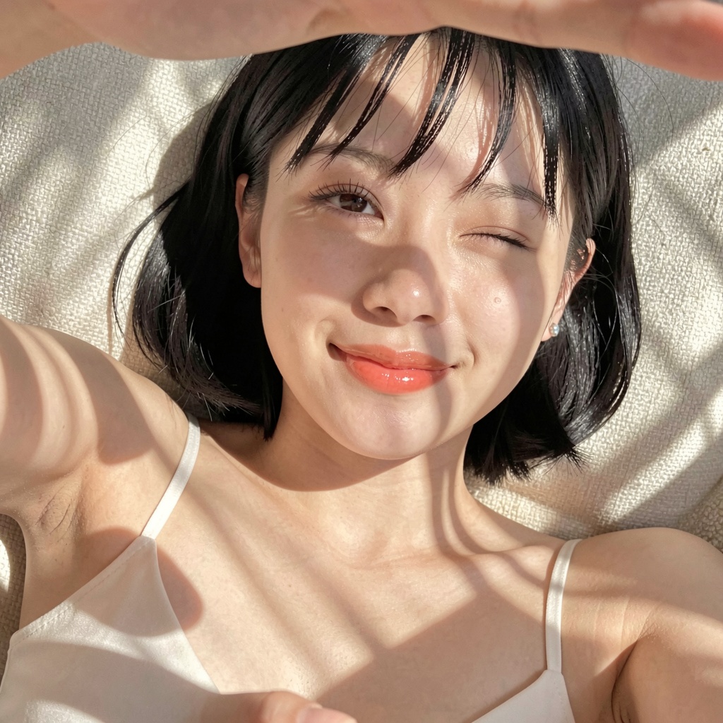 "subject": "description": "A cute young East Asian woman in her early 20s with fair skin and short black bob,  lying down...