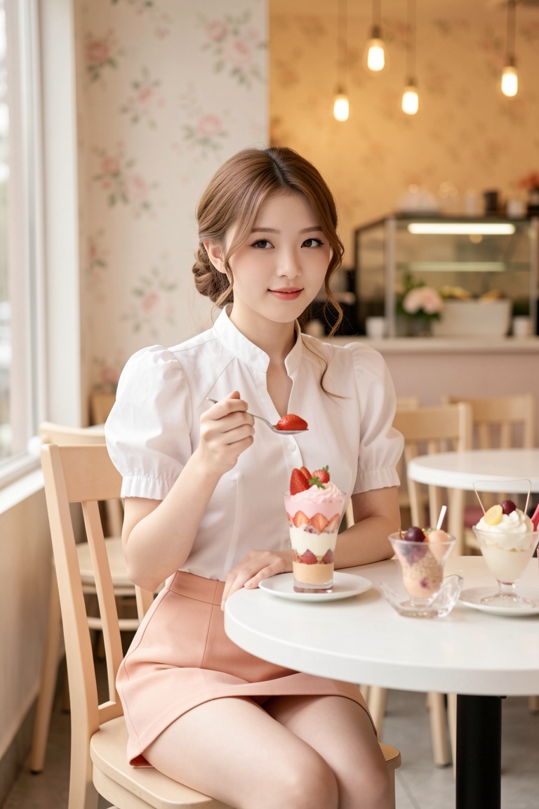 Photograph of a 21-year-old Asian woman with light skin and honey-brown hair in soft half-up waves,  wearing a white blous...