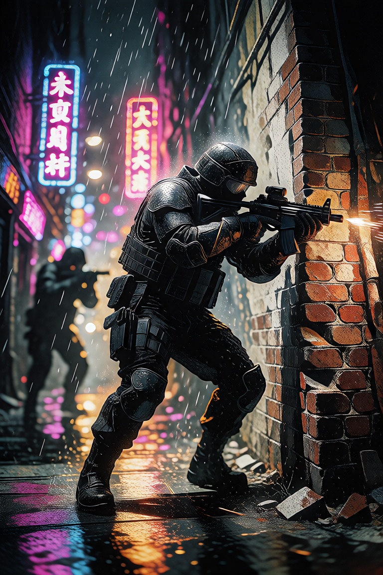 A lone tactical operator clad in matte-black ballistic armor and heavy equipment takes cover behind a crumbling brick wall...