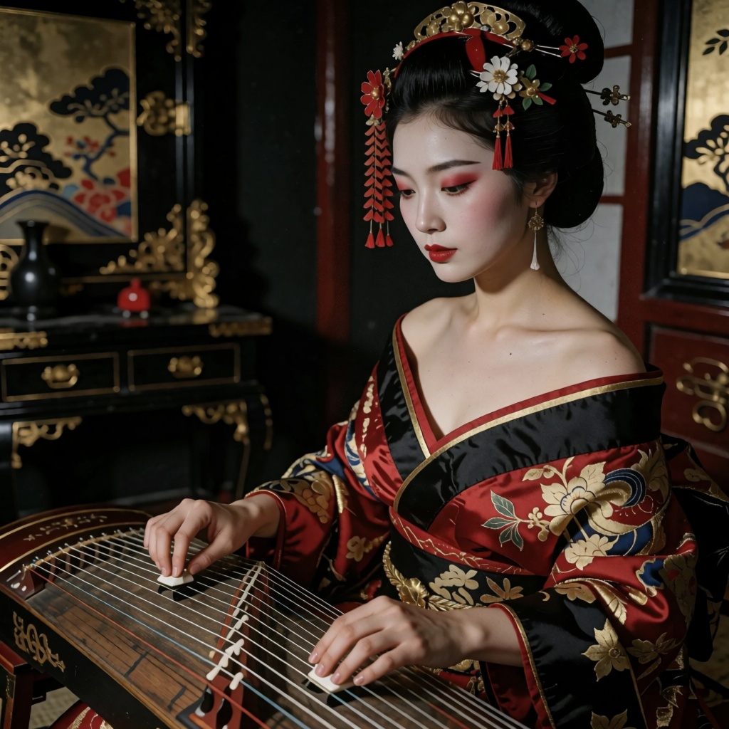 RAW cinematic realistic close-up photograph of a young ***** East Asian geisha-inspired woman with refined traditional Jap...
