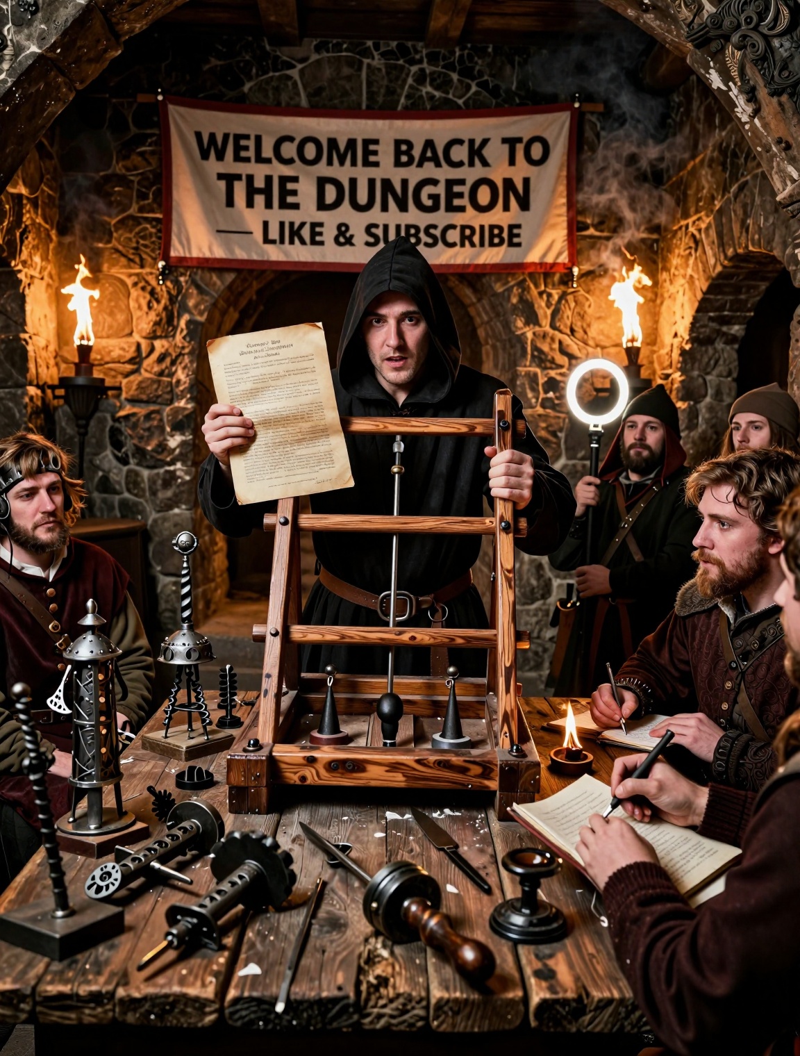 Cinematic medieval torture‑device review vlog,  stone dungeon workshop lit by torches like influencer ring lights,  hooded...