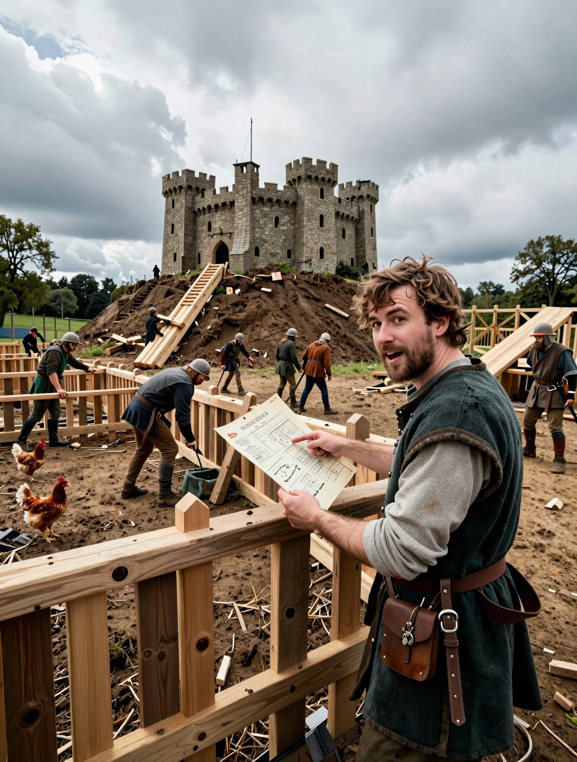 Medieval DIY castle‑building vlog,  enthusiastic engineer explaining “how to build a motte‑and‑bailey” while pointing at p...