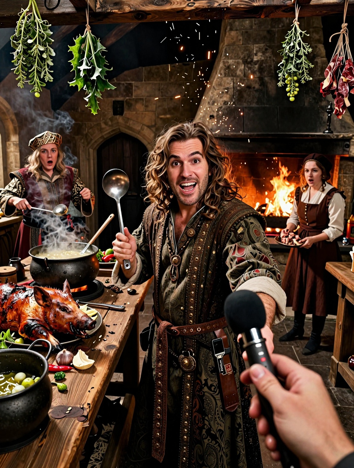 Chaotic medieval royal‑kitchen vlog,  frazzled castle cook speaking directly to camera while holding a ladle like a microp...