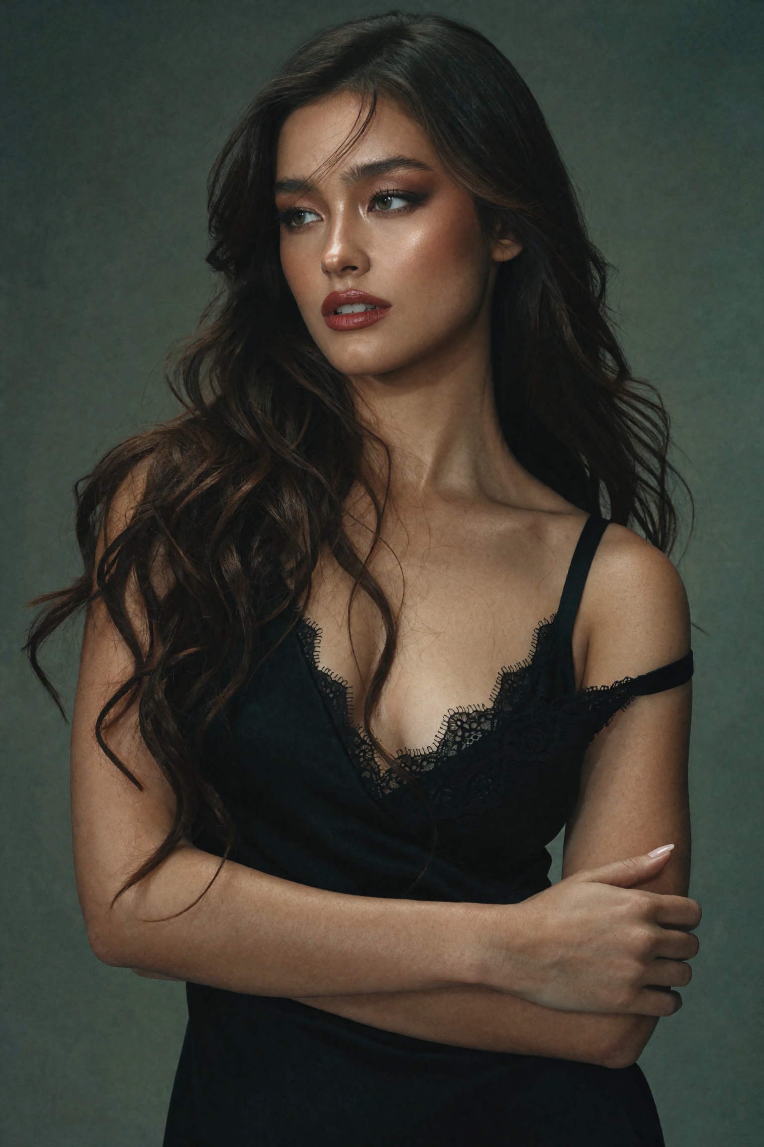 Cinematic high-end moody beauty editorial photograph of a young woman in a waist-up studio portrait,  head turned to the s...