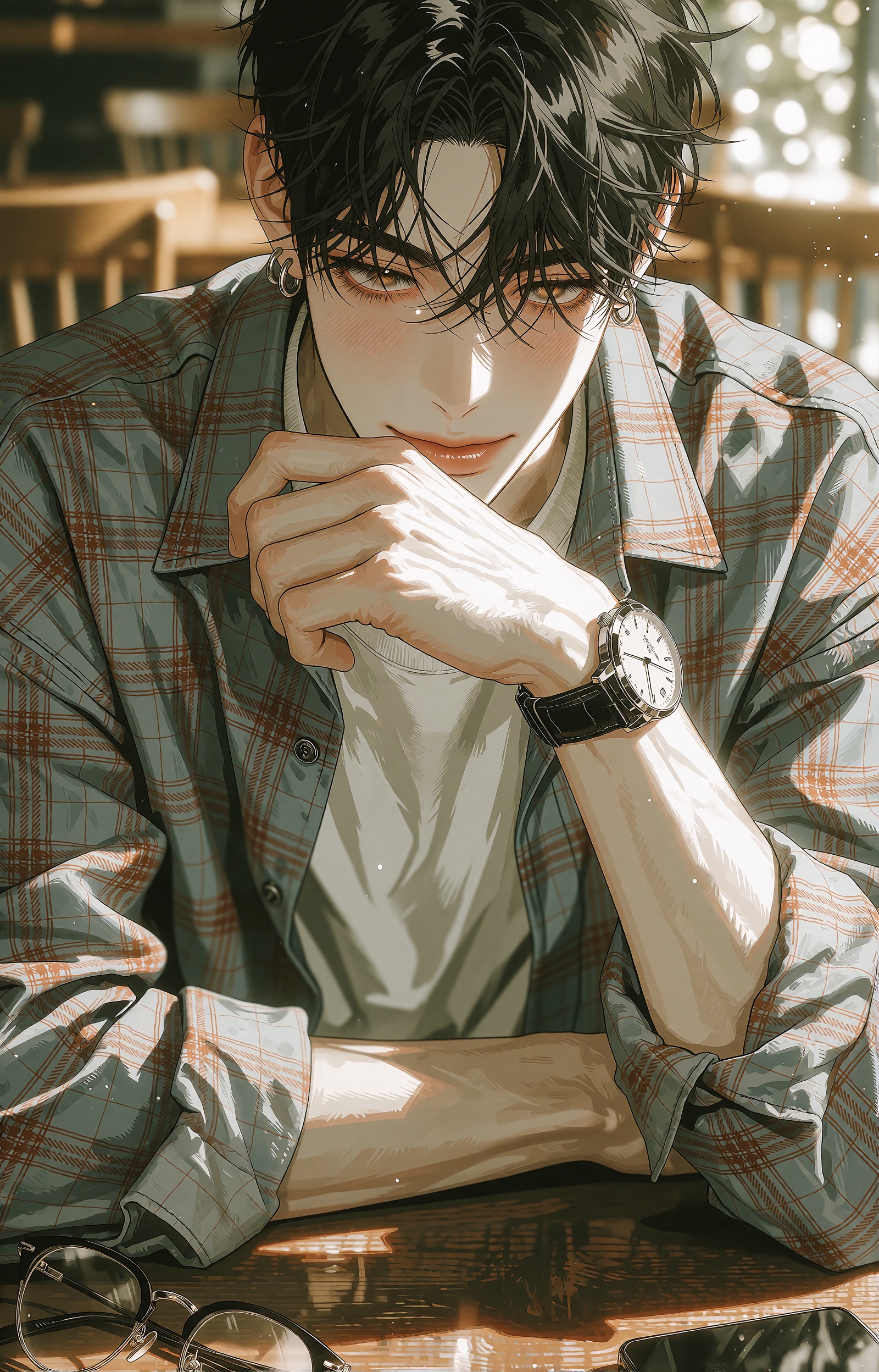 A handsome young man with messy black hair,  loose strands falling over his forehead and eyes,  looks up at the viewer wit...
