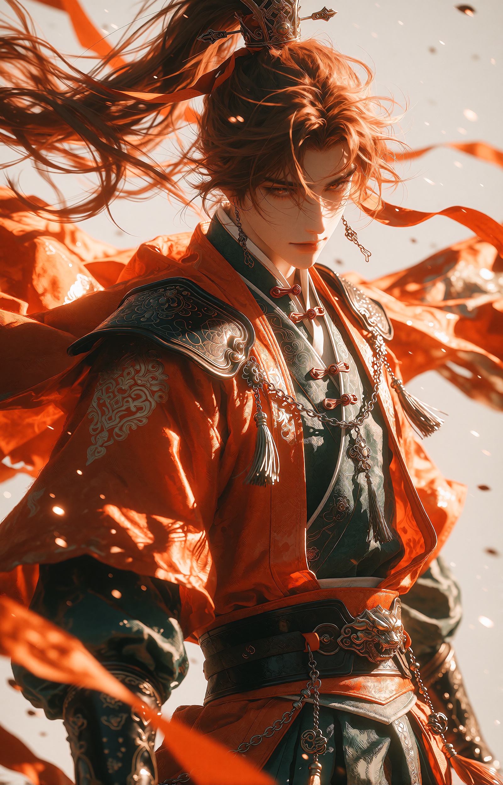 A dashing young swordsman with long flowing auburn-brown hair,  partly bound in a high ponytail secured by an ornate golde...