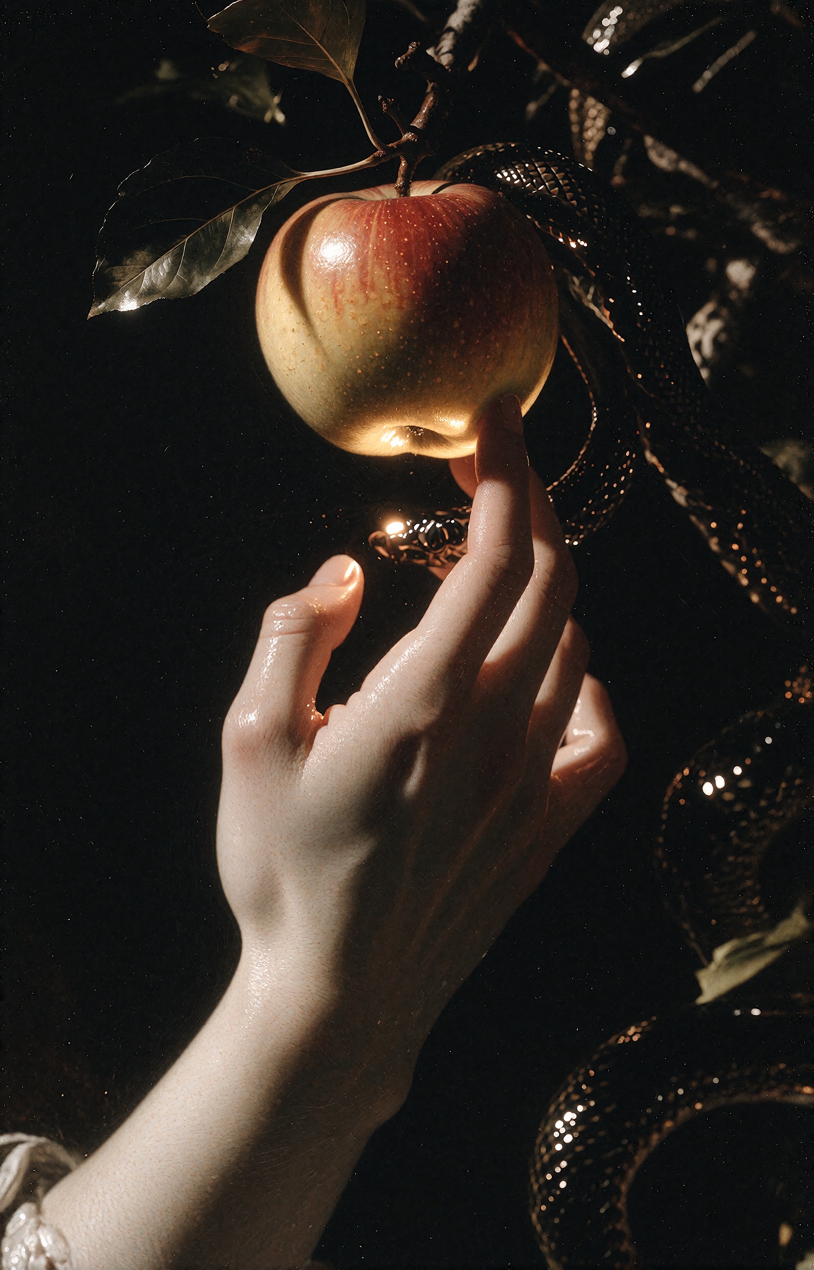 Ultra-realistic oil painting in the style of Caravaggio,  Eve's hand reaching up to grasp an apple hanging from a dark tre...