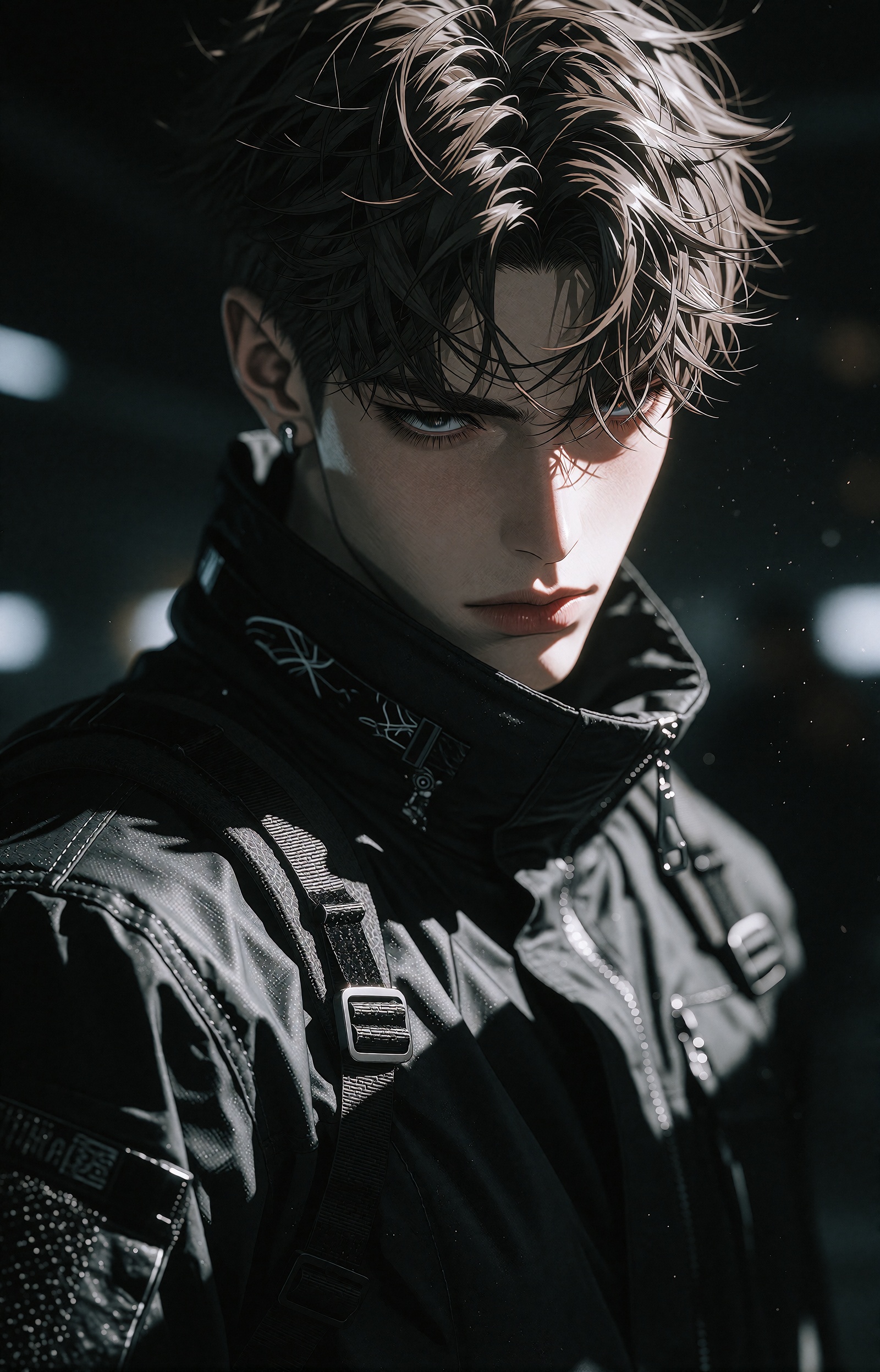 A strikingly handsome young man with a sharp jawline and fair skin stares intensely at the viewer. He has short,  messy,...