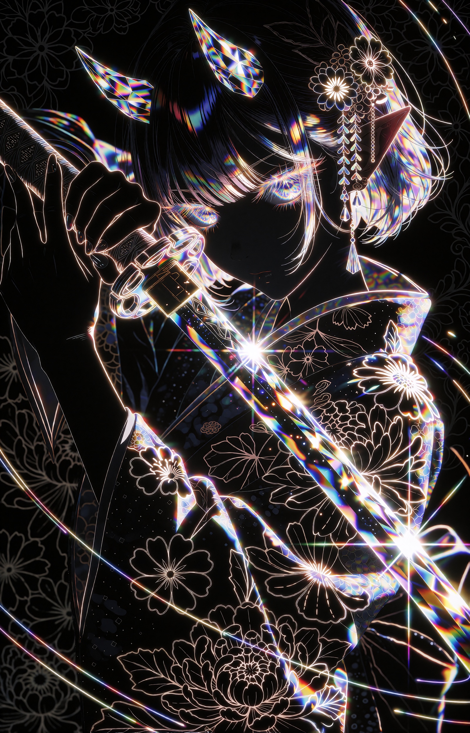 An anime girl rendered as a deep black silhouette outlined in glowing iridescent neon grips a katana with both hands. Her...
