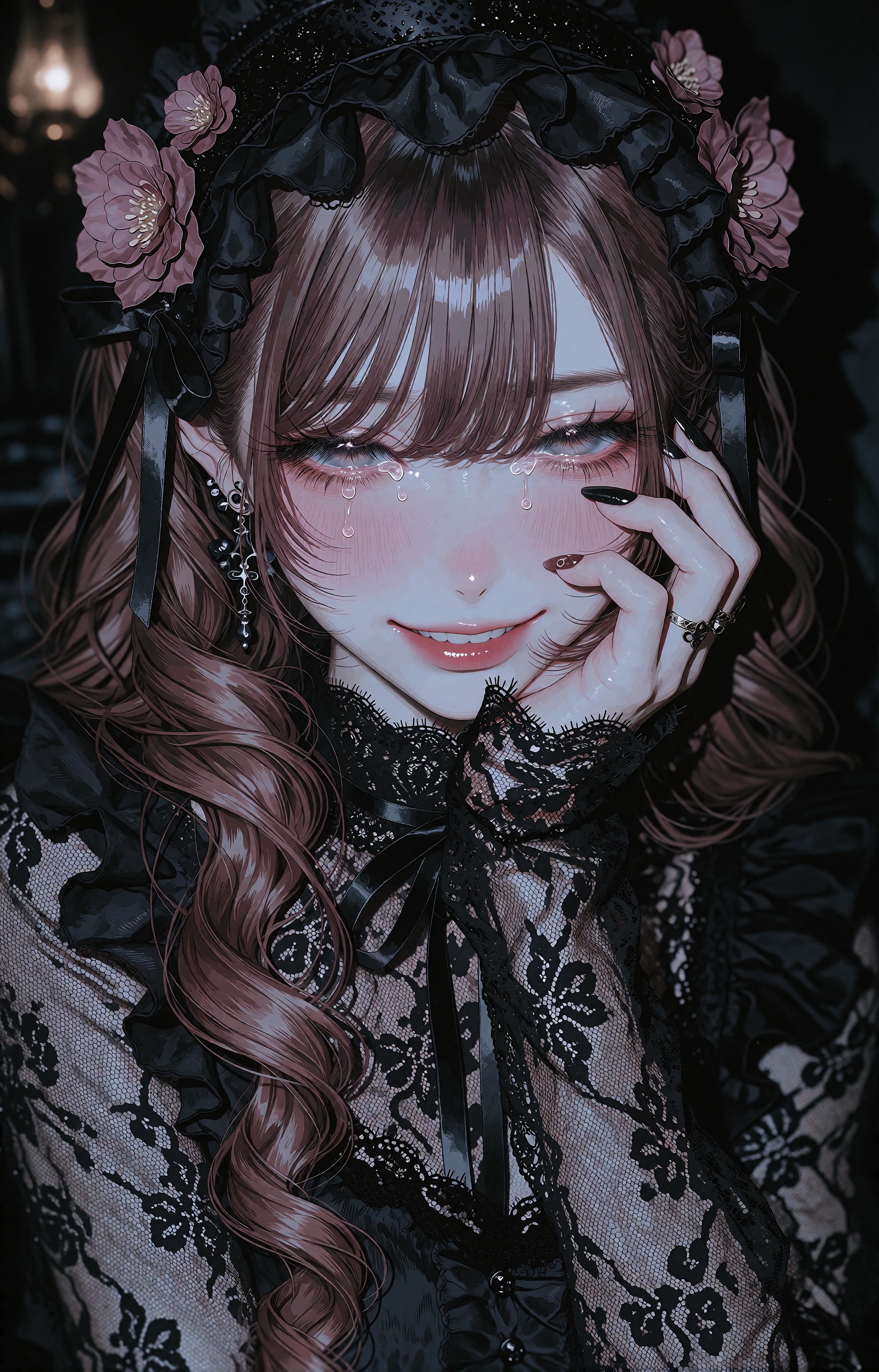 A young woman with long wavy chestnut-brown hair and side-swept bangs partially veiling one eye smiles gently through tear...