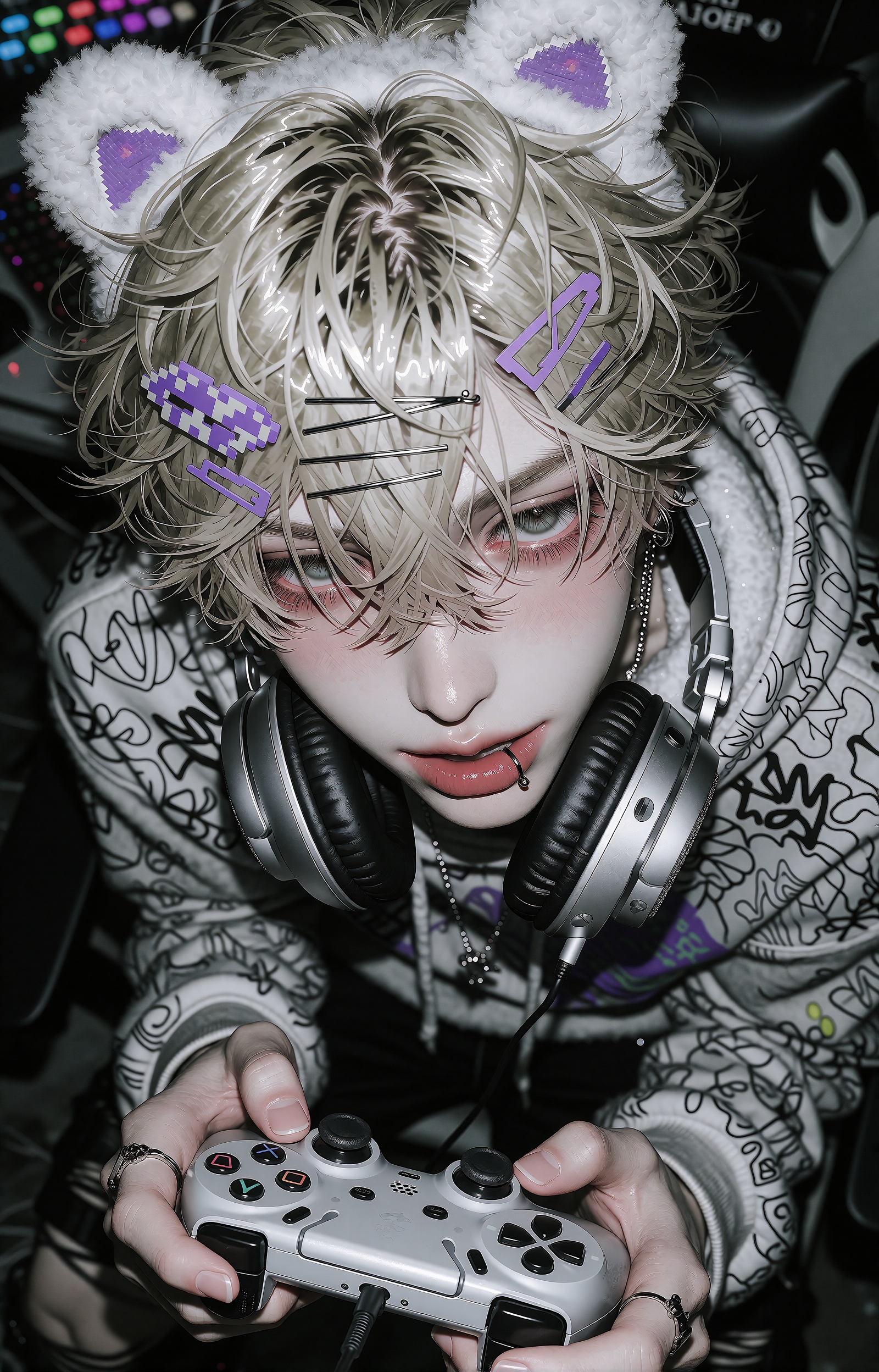 A languidly handsome young man with messy,  fluffy ash-blonde hair gazes up at the viewer from beneath tousled bangs. His...