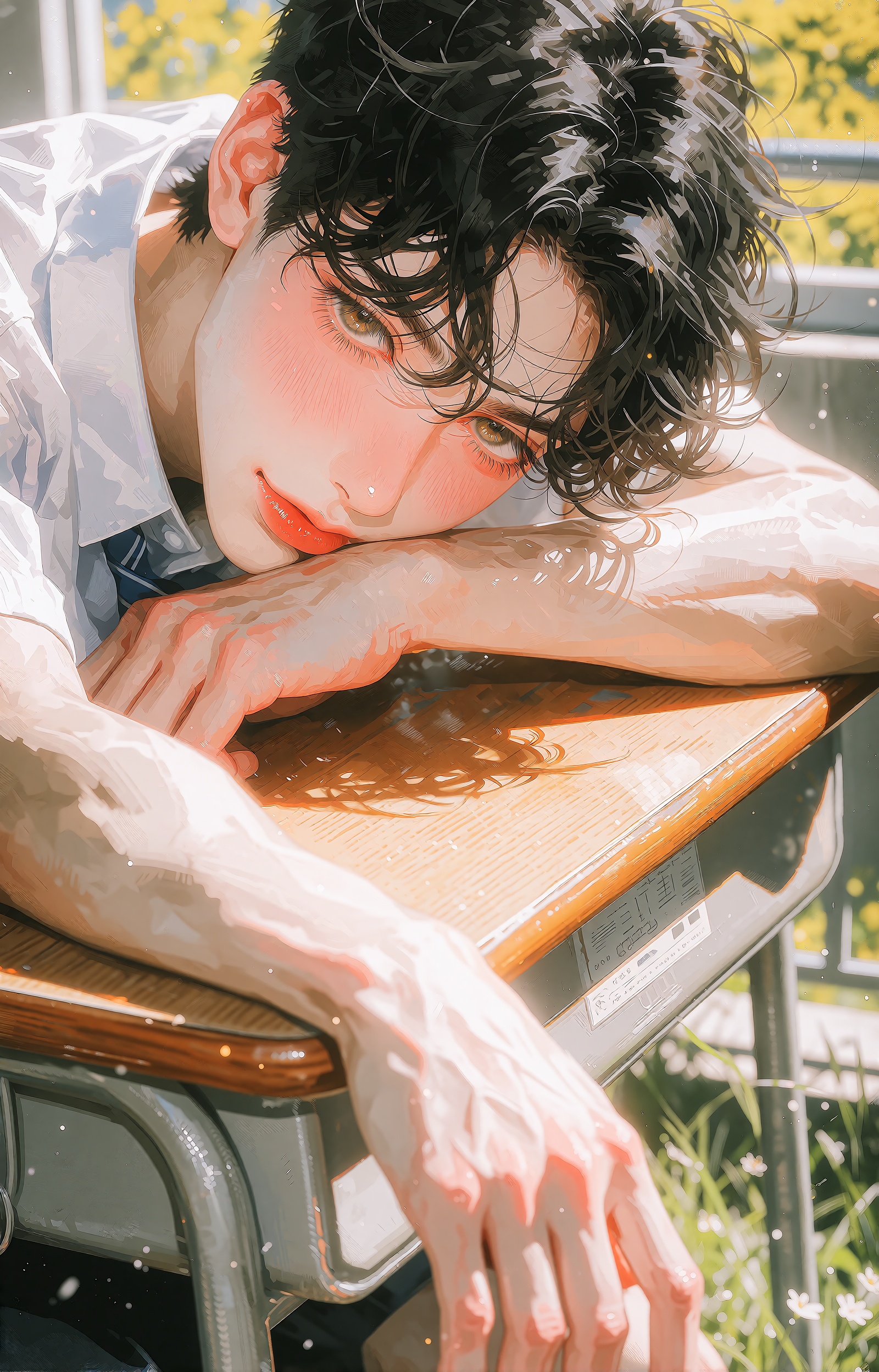 A handsome young man with messy black wavy hair,  loose strands falling softly over his forehead,  gazes intimately at the...