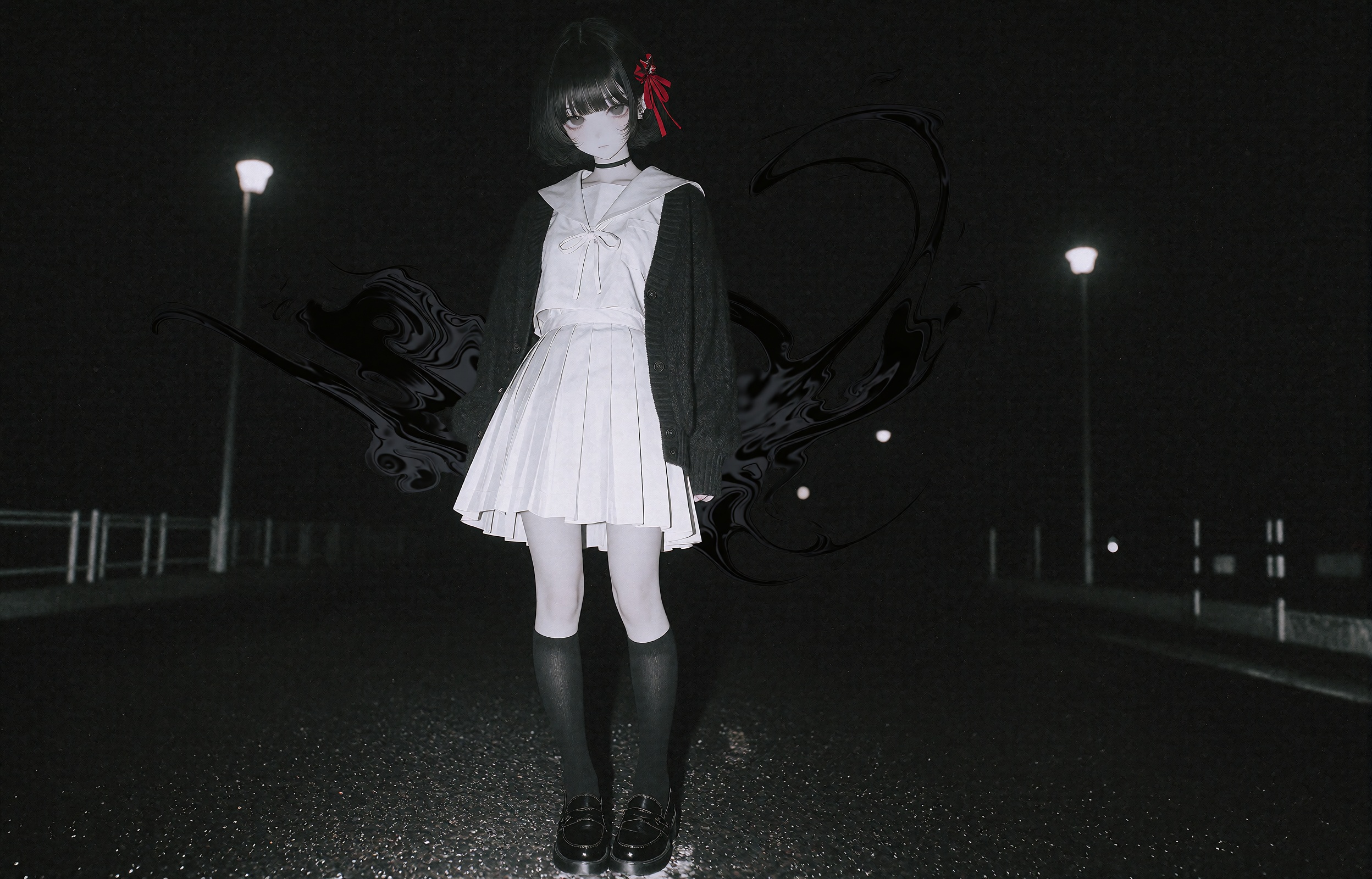 A lone girl with a short dark bob haircut accented by a small red ribbon at one side stands alone in the darkness,  her pa...