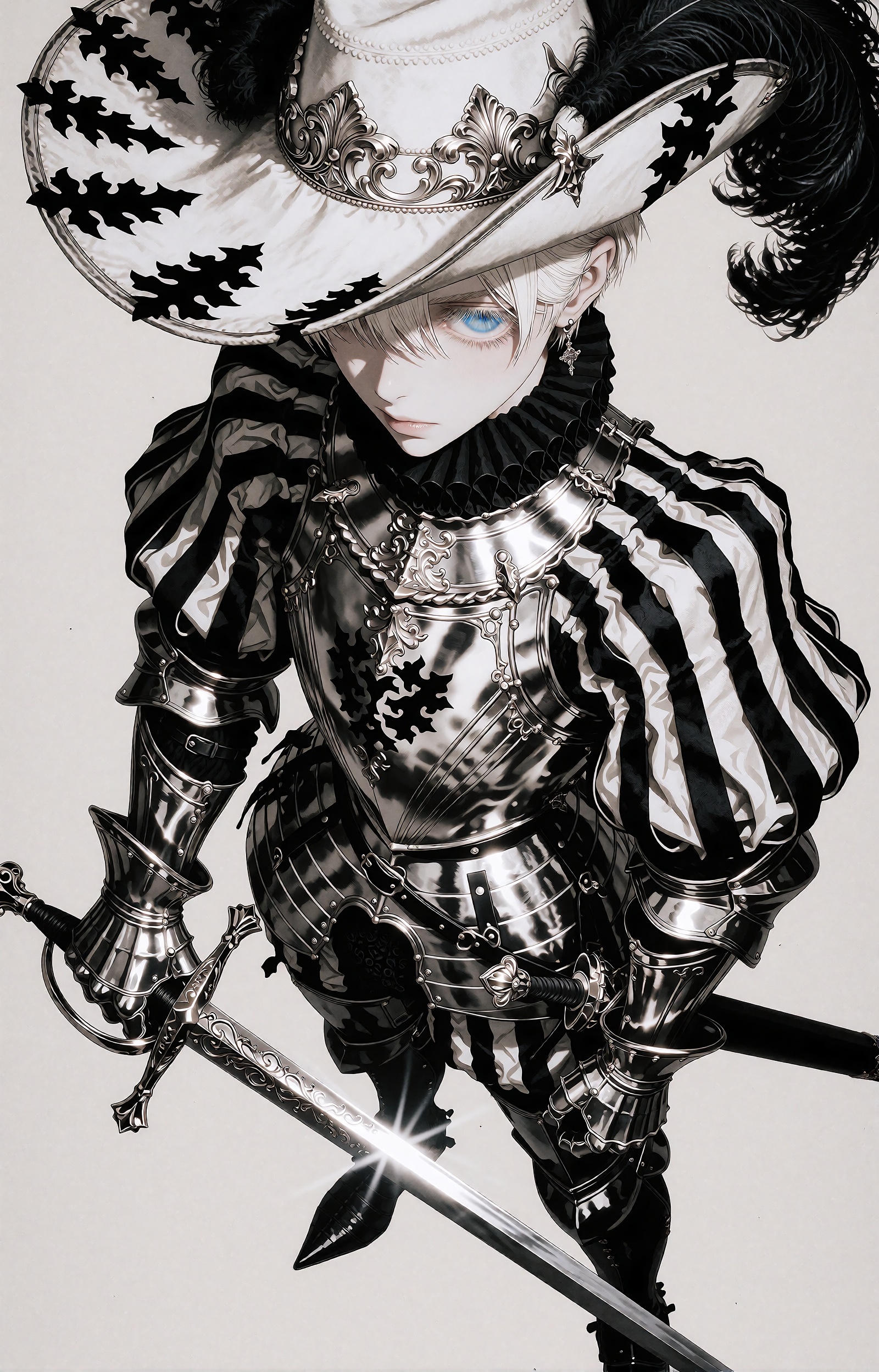 A youthful,  androgynous knight with short platinum-blonde hair stands in calm poise,  a single bright blue eye visible be...