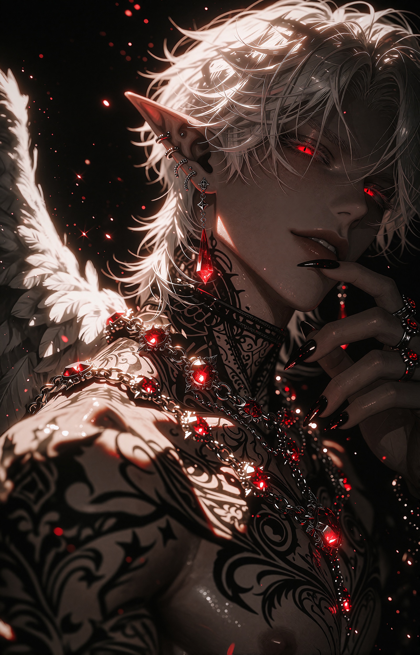 A dark fantasy anime portrait of a handsome dark-skinned demon-elf man with long,  messy silver-white hair,  glowing crims...