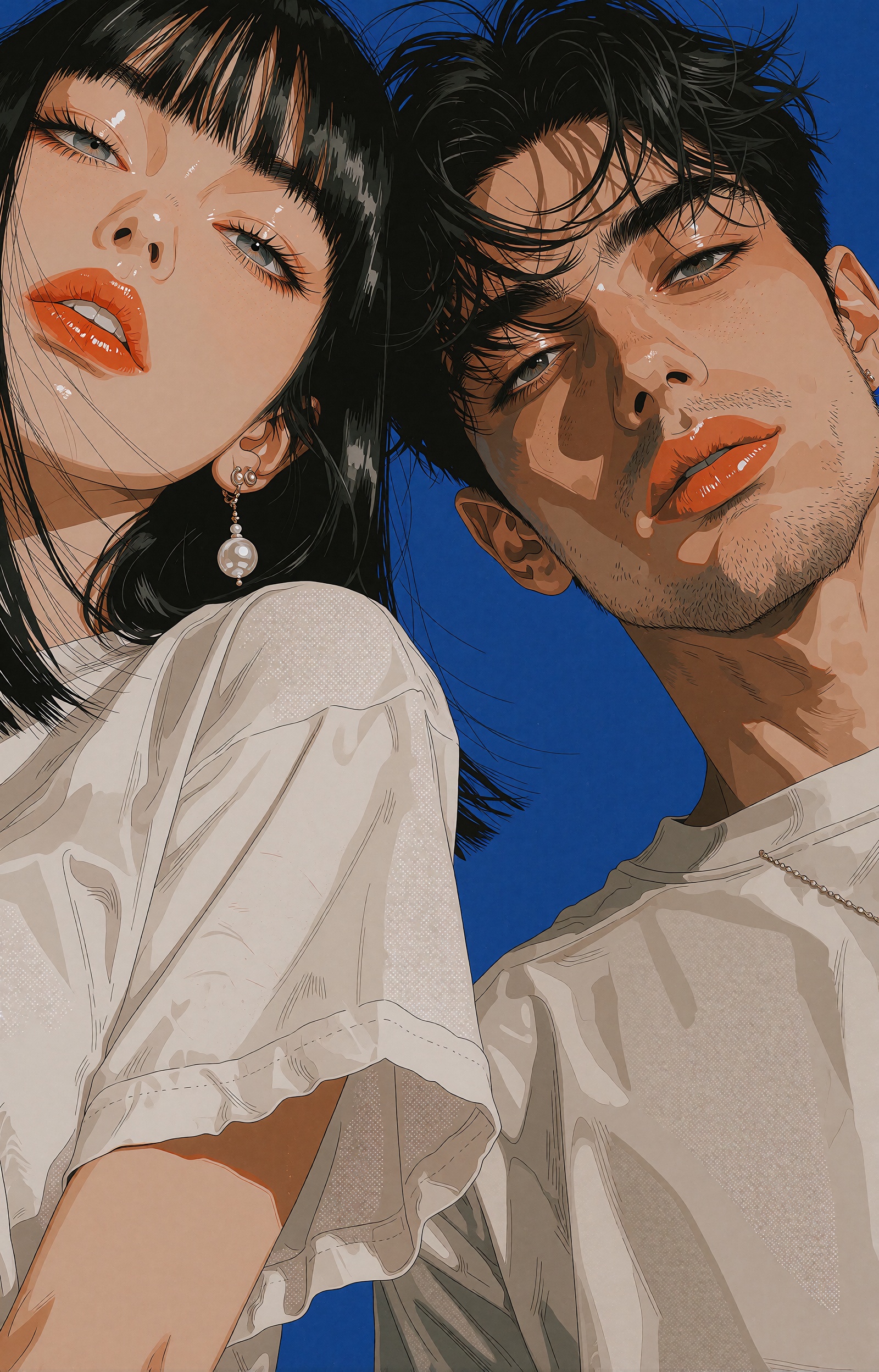 A young woman and a young man lean close together,  both gazing down at the viewer with languid,  half-lidded on Tensor.Art