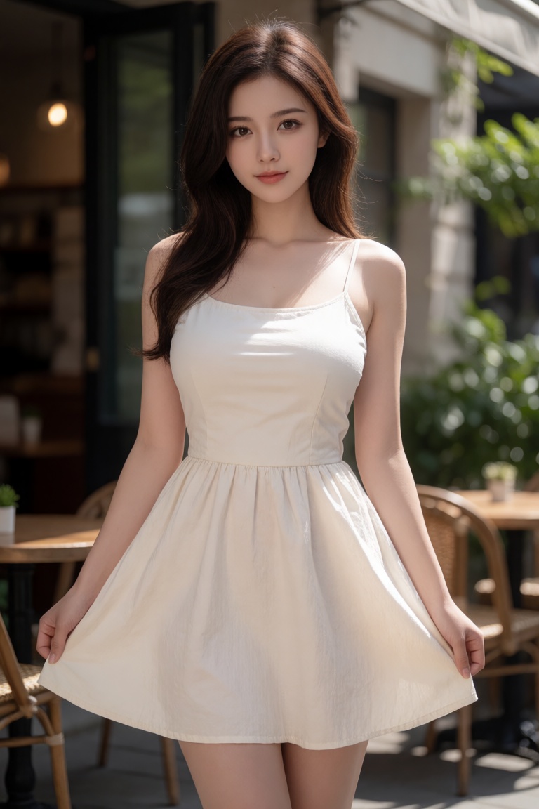 A realistic photograph of a woman with an inverted triangle body shape,  big chest,  wearing a sundress that flares at the...