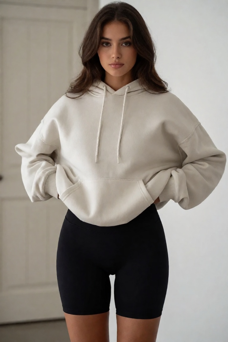 A realistic photograph of a woman with an inverted triangle body shape,  big chest,  wearing oversized hoodie and biker sh...