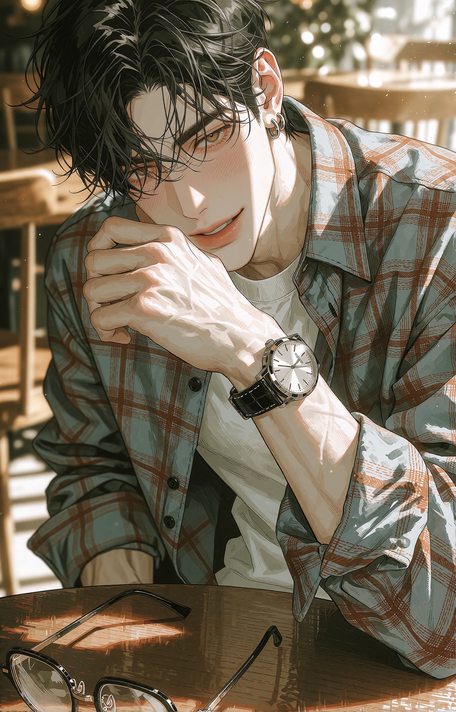 A handsome young man with messy black hair,  loose strands falling over his forehead and eyes,  looks up at the viewer wit...