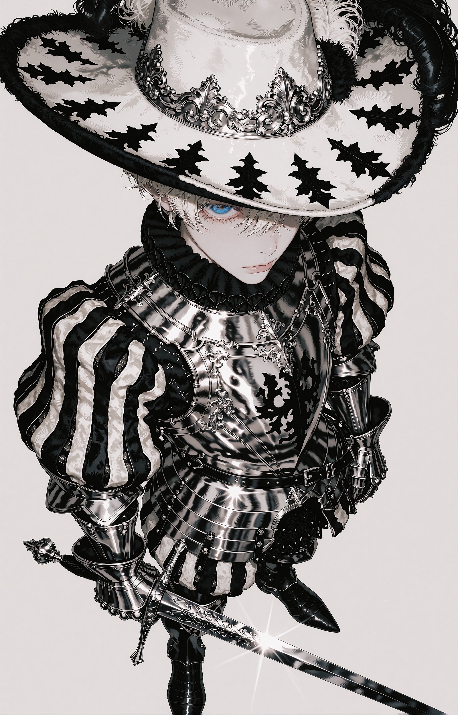 A youthful,  androgynous knight with short platinum-blonde hair stands in calm poise,  a single bright blue eye visible be...