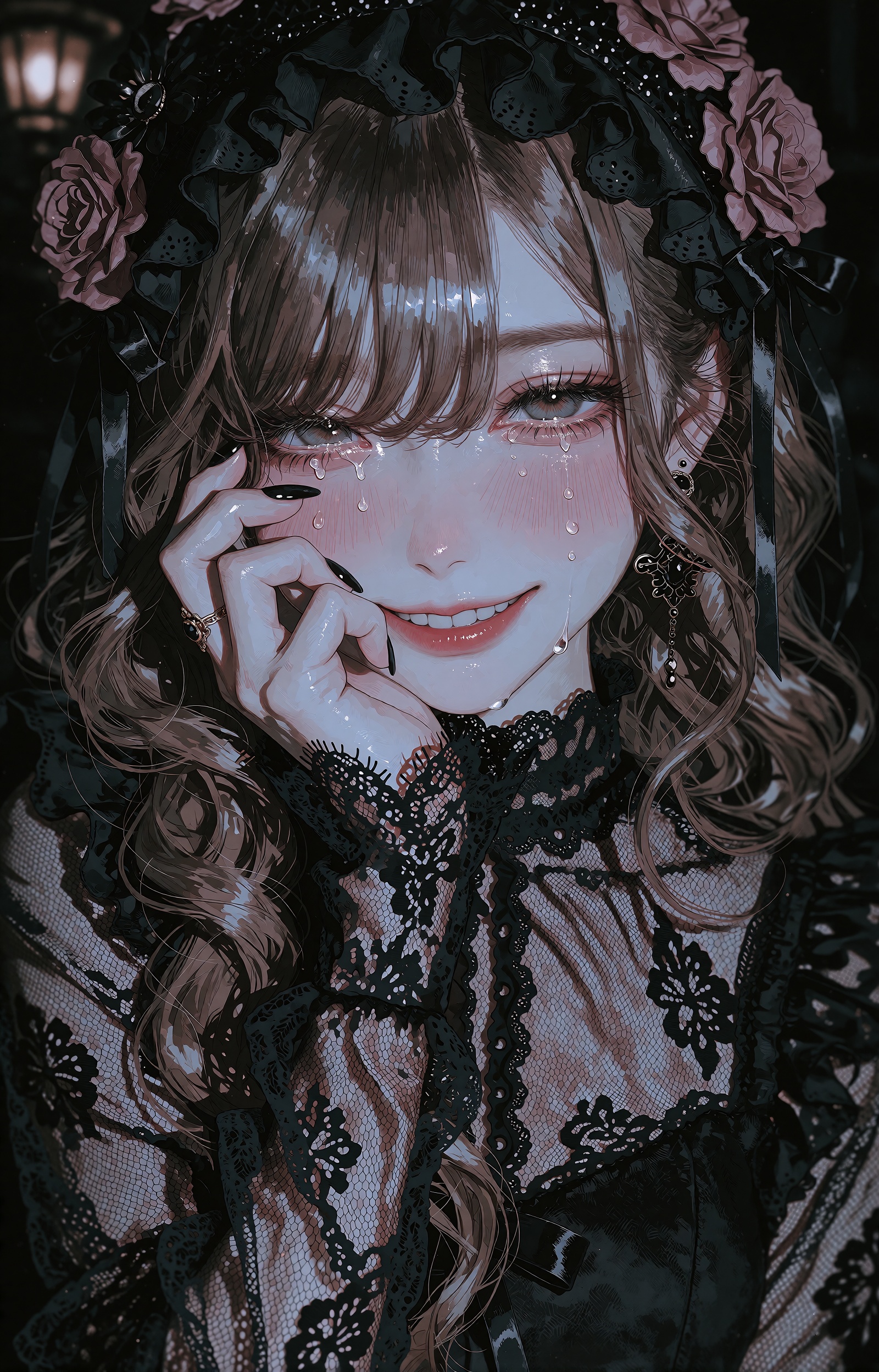 A young woman with long wavy chestnut-brown hair and side-swept bangs partially veiling one eye smiles gently through tear...