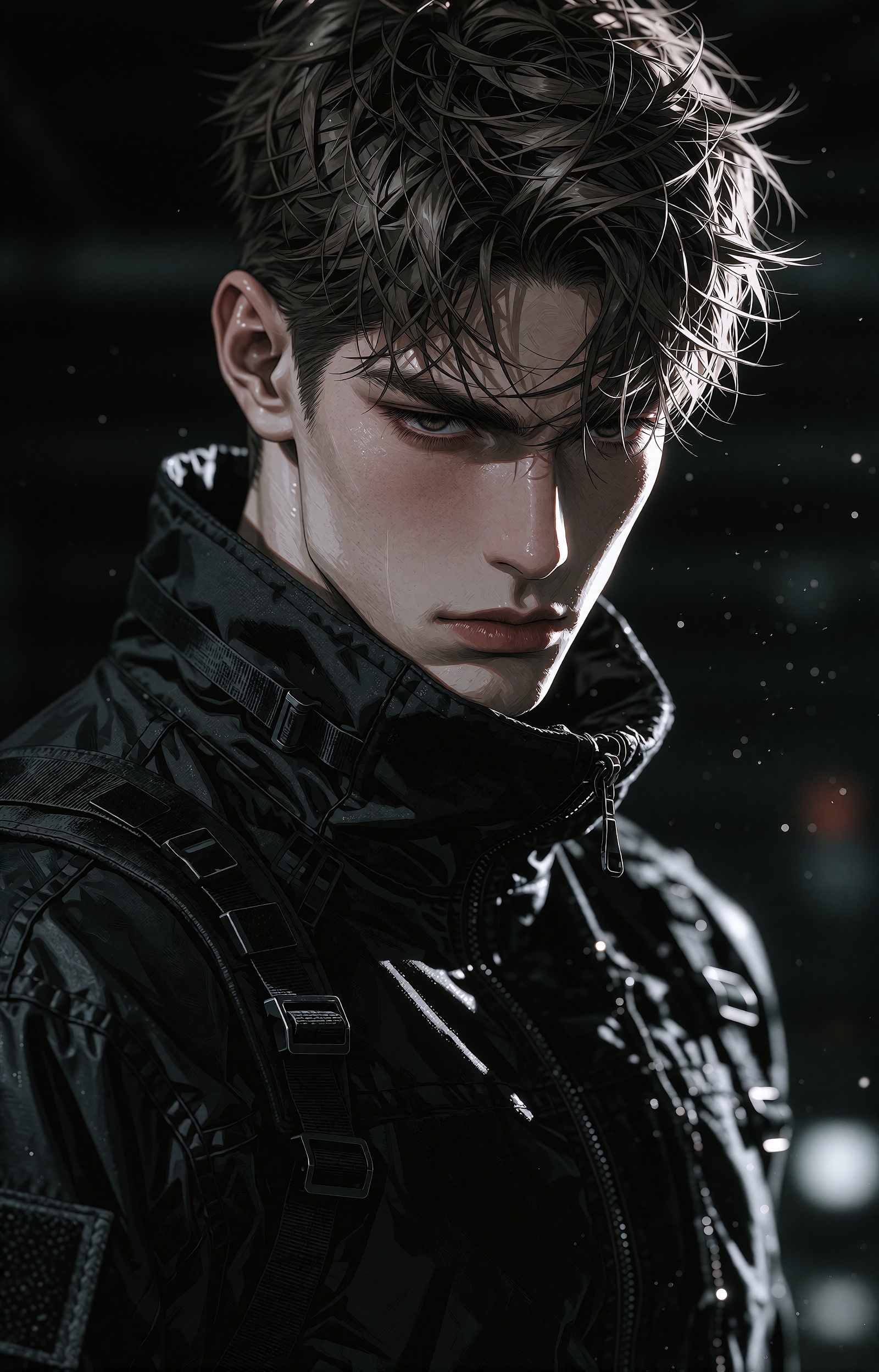 A strikingly handsome young man with a sharp jawline and fair skin stares intensely at the viewer. He has short,  messy,...