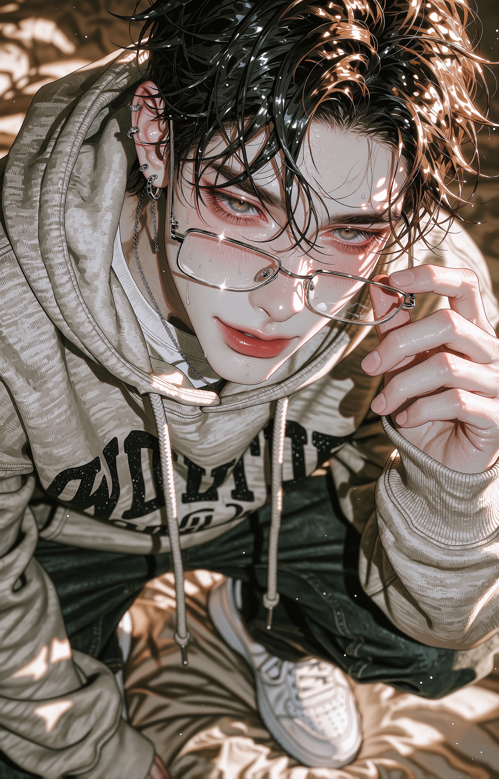 A strikingly handsome young man with wet,  tousled dark hair streaked with caramel highlights gazes up at the viewer,  dam...