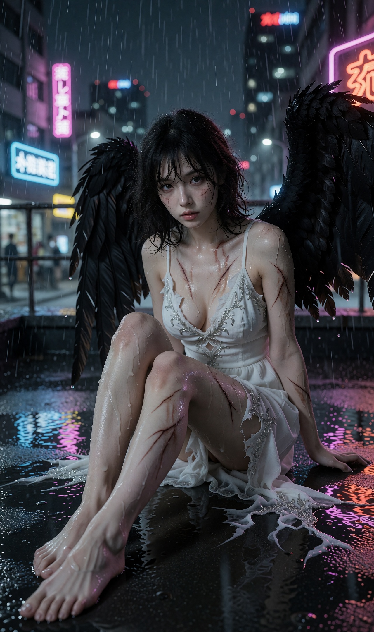 .......... Fallen angel sitting on a rooftop in a rainy city at night,  dark wings with broken feathers,  pale skin with f...