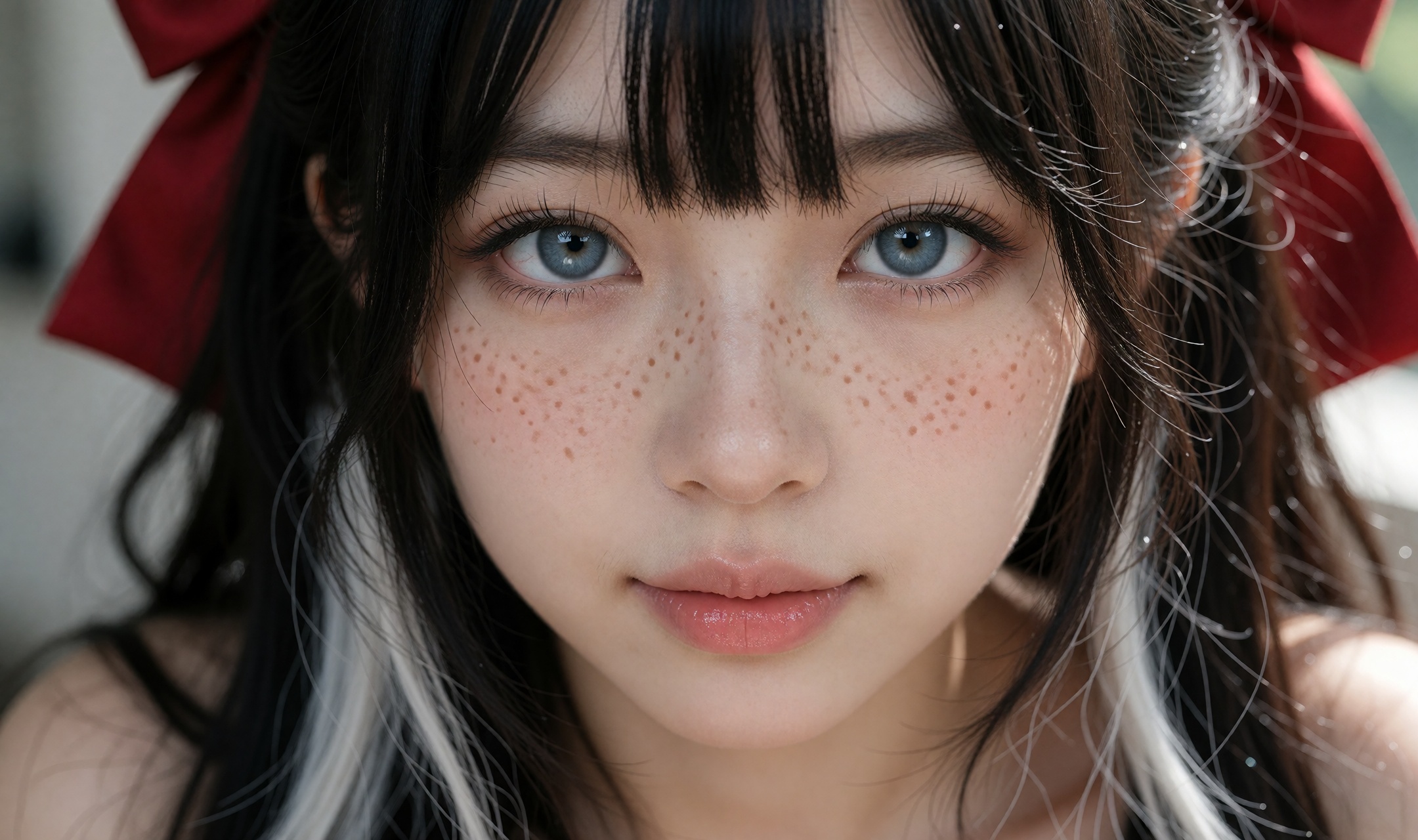 .......... Beautiful Asian female face with freckles,  blue eyes extremely detailed,  plump pink lips and very detailed on...