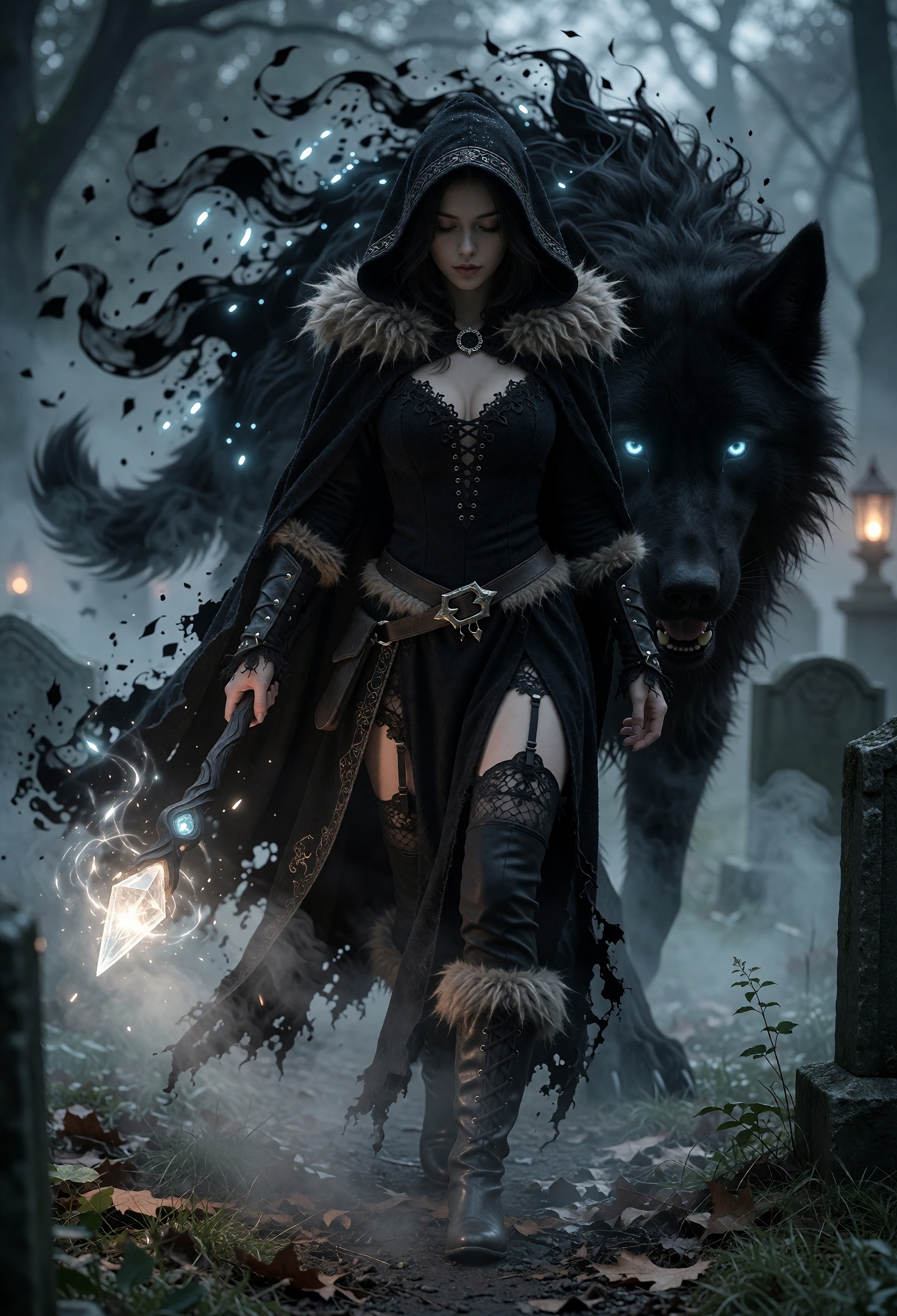 .......... A witch walking confidently through a foggy graveyard,  with a large shadow beast trotting beside her—its form...