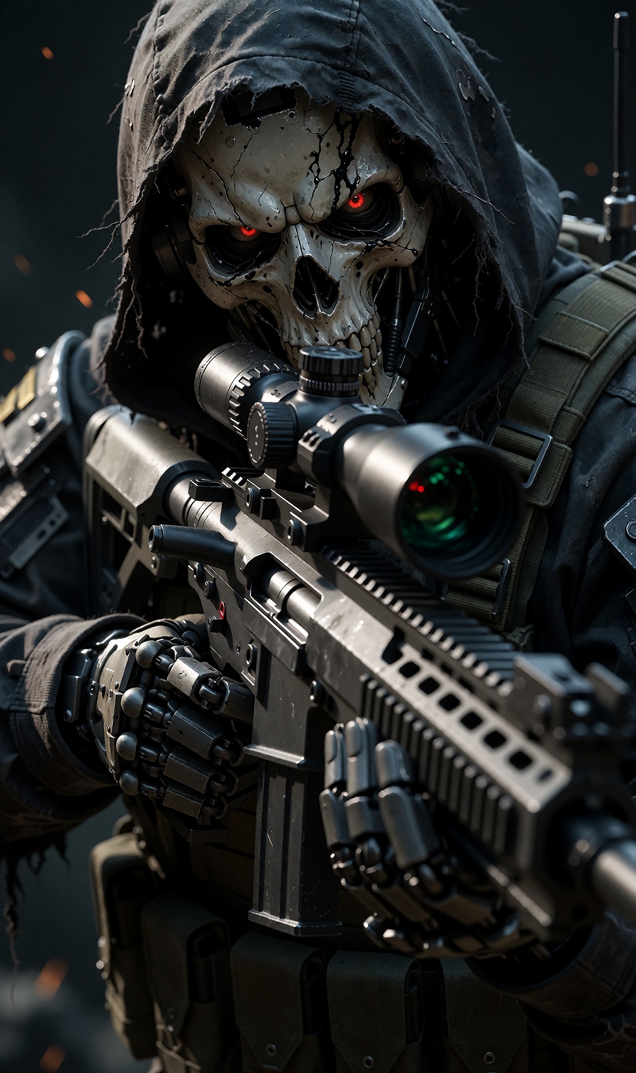 .......... Grim reaper-esque robot soldier,  aiming a futuristic sniper rifle with intense focus,  appearing menacing yet...
